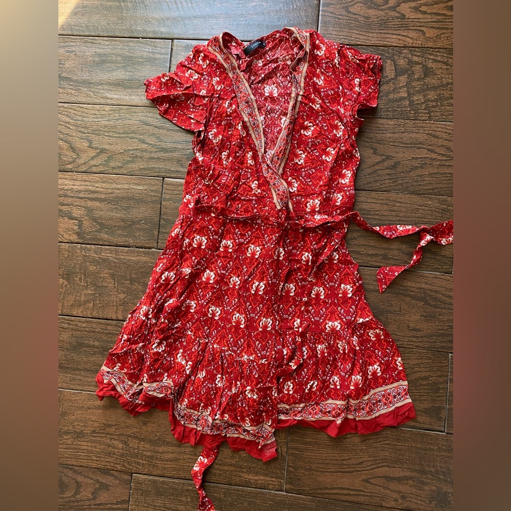 Red Patterned Wrap Dress